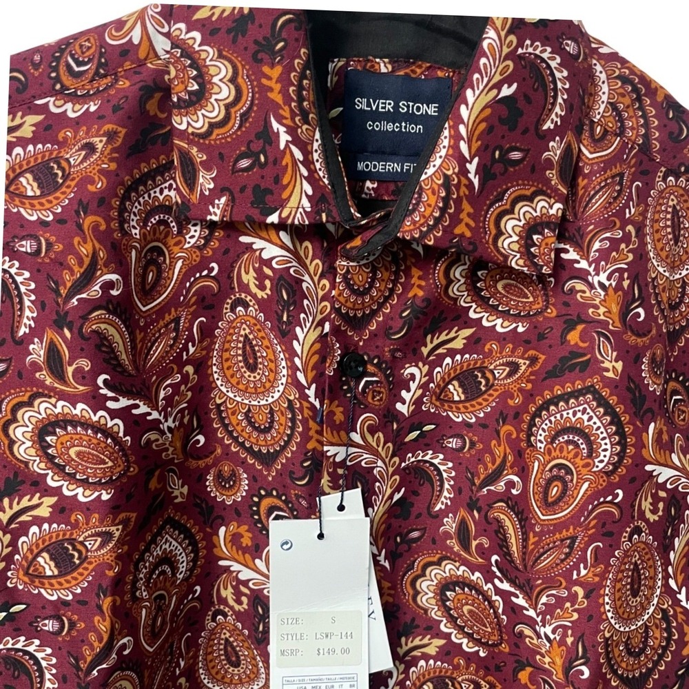 Silver‎ Stone Collection Mens Paisley Button Down Burgundy Modern Fit LSWP-144
